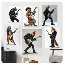 1pc Frameless Fun Animal Playing Guitar Posters Fashion Fox Bear Vintage Painting Printed Canvas Wall Arts Modern Living Room Bedroom Dormitory Bar Club Wall Decoration Home Decoration