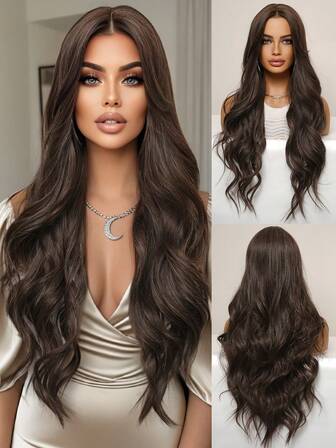 Modern elegant mockabrun lång lös vågig peruk 86 cm med mittdelande lugg mjuk och fluffig högtemperaturbeständig fiber lämplig för vardagsbruk, högtidssammankomster, bröllopsfester, halloween, jul, cosplay, Y2K-vinter casual streetstyle och mer
