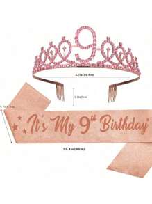 2pcs/Set 4th 5th 6th 7th 8th 9th 10th 12th 13t 16th Birthday Gift Party Favor Rhinestone Crown Jewelry Peony Ribbon Number Etiquette Rose Flower Shoulder Strap Onion Powder Cloth Belt Holiday Dress Up Set Fashion Number Delicate Crown Tiara Hair Accessories It's My Birthday For Pink