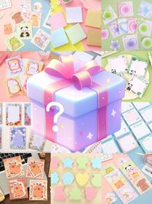 Surprise Mystery Box (Includes 5 Pcs Assorted Size Sticky Notes With Fluorescent Solid Colors, Cartoon Patterns, Various Animals, Hearts, Pentagram And Other Elements), School Supplies,Back To School