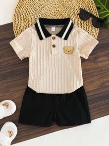 2pcs/Set Baby Toddler Boys Bear Embroidery Button Collar Polo Shirt And Comfy Shorts Outfit, British Style - Navy - View 3
