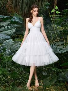 Elasola Polyester Tulle Spaghetti Strap Ruched Bust&Ruffle Trim Layered Tulle Dress Formal Wear For Weddings, Lightweight & Airy Design With Fashion Credentials Summer Dresses Spring Clothes Elegant - White - View 2