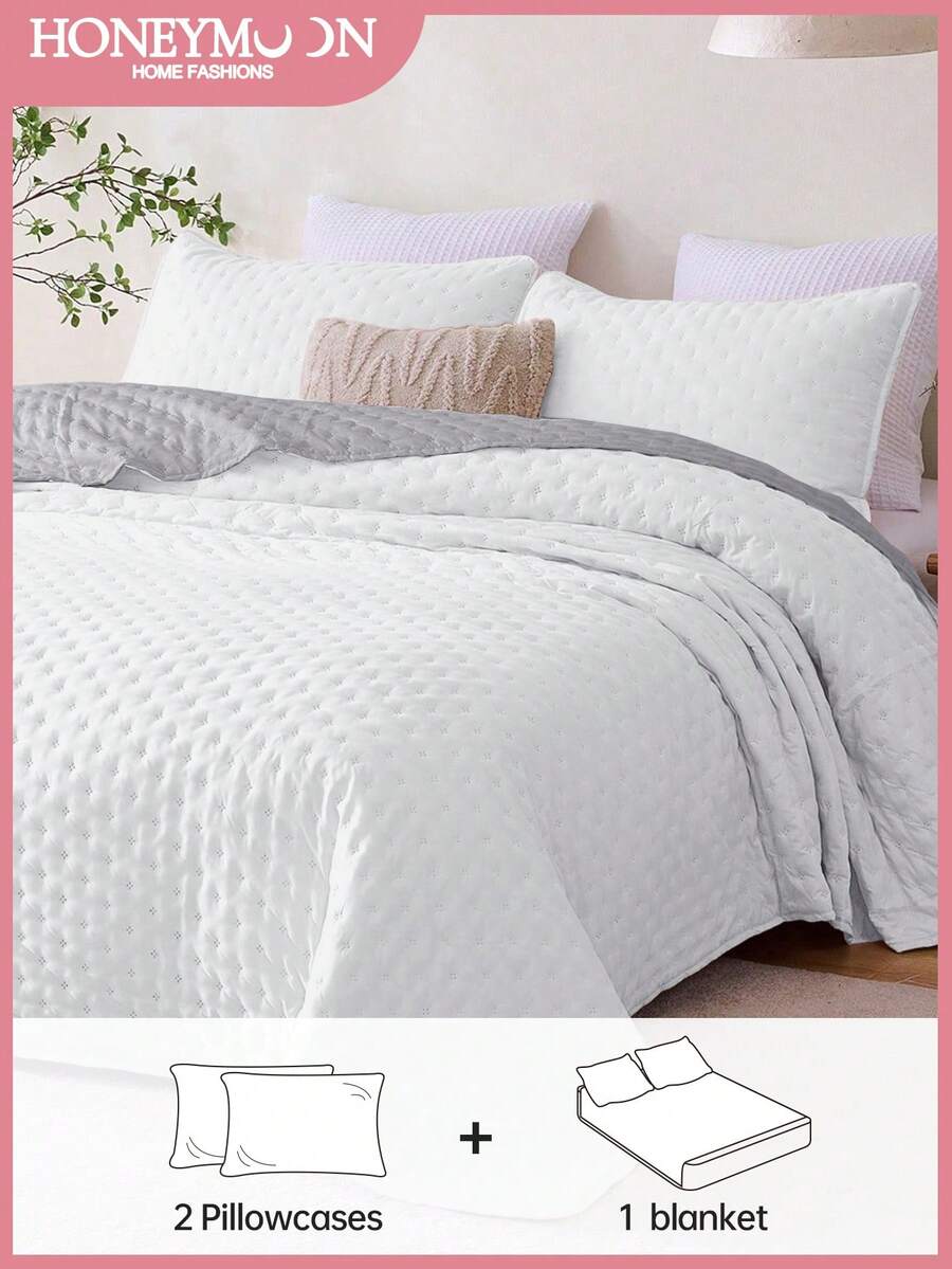 2/3件套超柔软微纤维超声波缝纫四季通用被套套装，经典优雅风格，舒适床上用品，轻盈如云，包含1个被套和2个枕套，白色和灰色 - 彩色 - 查看 1