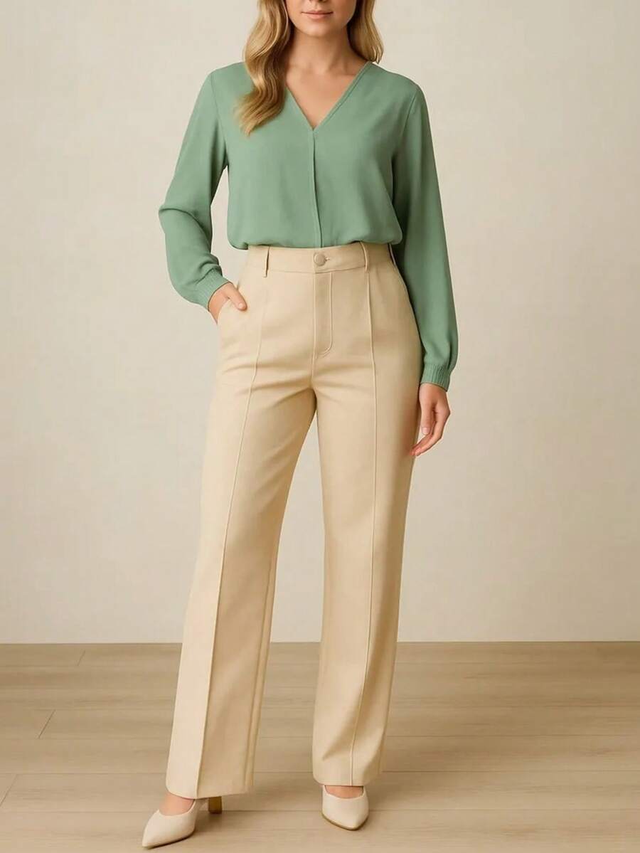 Women's Tailored Trousers High-Rise Formal Pantaloons Luxury - Luxury Beige - View 1