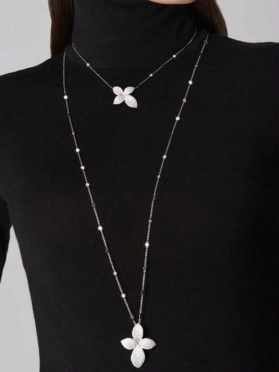 1 pieza Collar largo con doble capa de flores y strass, al estilo europeo y americano, accesorio de moda para el escenario