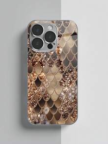 亮片1件时尚鱼鳞纹钢化玻璃材质带镜片膜电镀防摔耐磨防指纹TPU全包边软手机壳适用于苹果机型