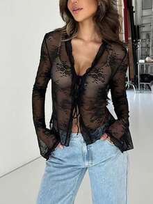 Damski jednolity kolor, seksowny koronkowy dekolt w serek, rękaw trąbkowy, wiązany kardigan, styl wiosenno-letni, koronkowe szwy, święta