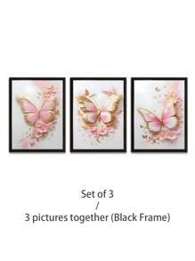 3Pcs/Set, Optional Frame, High Quality Print Painting, Modern Style, Butterfly, Pink, Gold, Flowers, Three-Dimensional Craft, Sweet Style, Home Decoration, Decorative Painting, Suitable For Living Room, Sofa, Bed, Hallway, Bedroom, Bathroom, Office, Perfect Art Gift