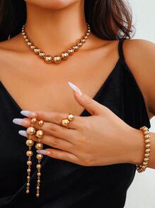 5pcs/Set Summer Beach Gold Beaded Jewelry Set, Ball Bead Necklace, Bracelet, Tassel Earrings, Open Ring, Suitable For Ladies Holiday Party Wear