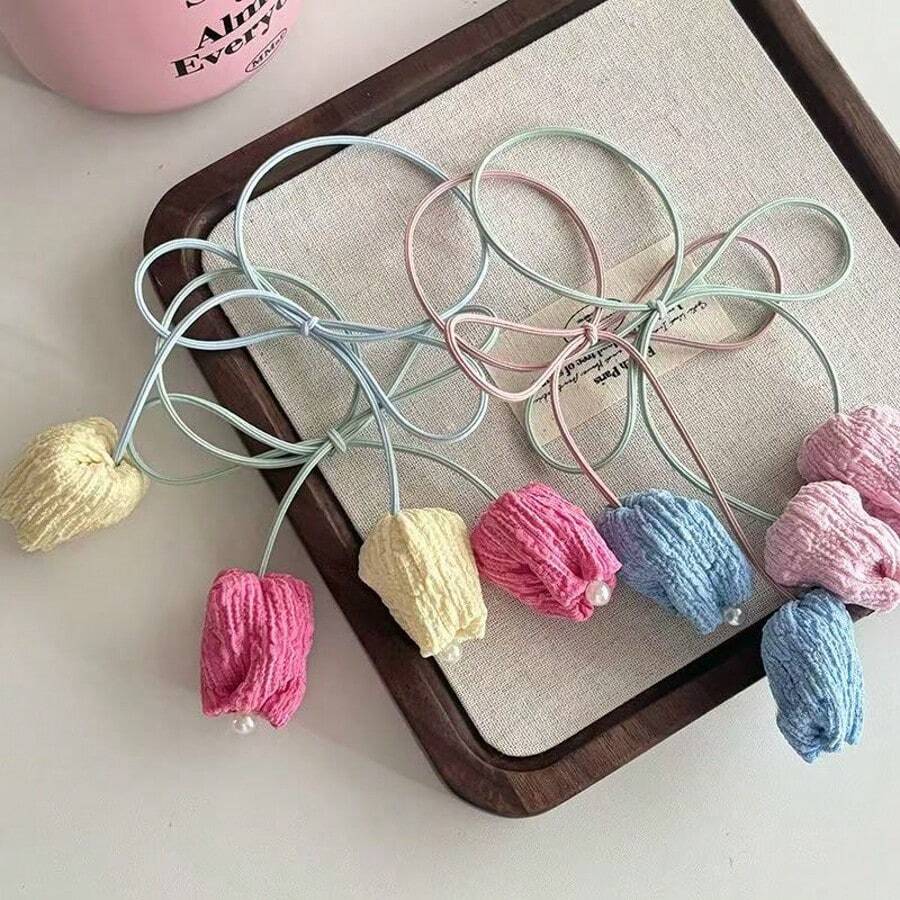 1/3pcs Adjustable Long And Short Hair Cords Tulip Faux Pearl Hair String Dopamine Tulip Fresh And Simple Meatballs Versatile - Multicolor - View 1