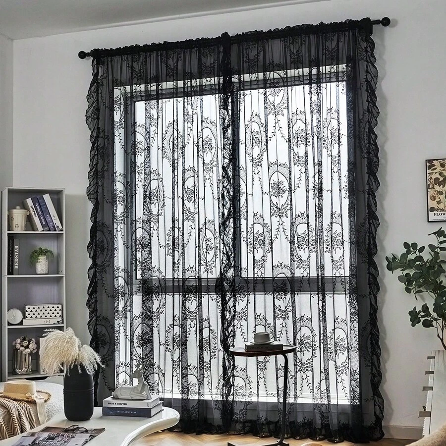 1pc/2pcs French Vintage Embroidered Voile Curtain With Ruffled Edges, Romantic Wavy Design For Cozy Home Decor - Black - View 1