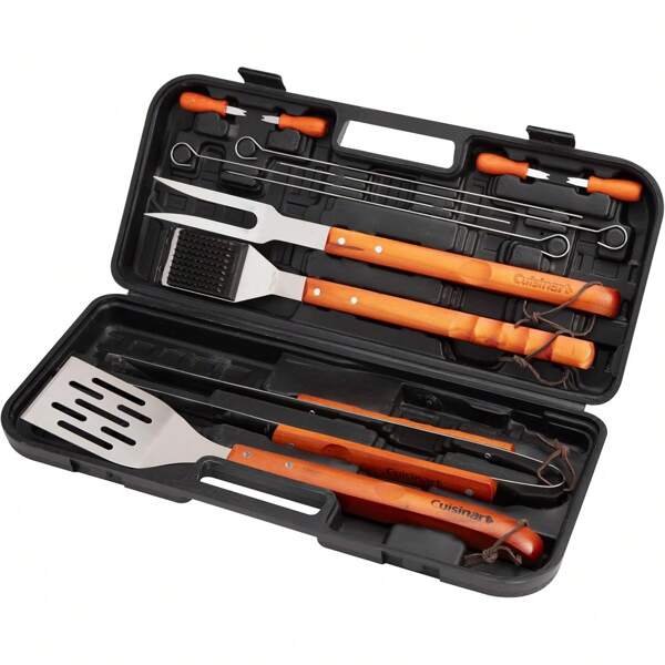 13-Piece Wooden Grill Set, BBQ Accessories And Grill Tools, Durable Stainless-Steel Utensils With Plastic, Spatula, Tongs, Cleaning Brush & More, Grilling Gifts Men