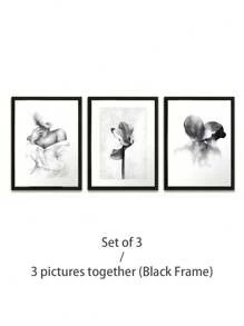 3Pcs/Set, Optional Frame, High Quality Print Painting, Modern Style, Ink Painting Style, Characters, Flowers, Black, White And Gray Tones, Simple Art, Wall Art Poster, Home Decoration, Decorative Painting, Suitable For Living Room, Sofa, Bed, Hallway, Bedroom, Bathroom, Office, Perfect Art Gift