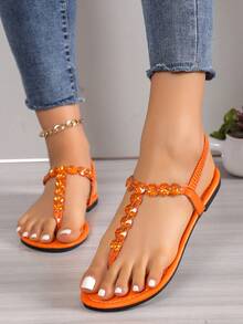 Green Handmade Beaded Flat Flip Flops For Women, Rhinestone Elastic Casual Sandals, Summer 2025 New Arrival, Plus Size 43 - Orange - View 3