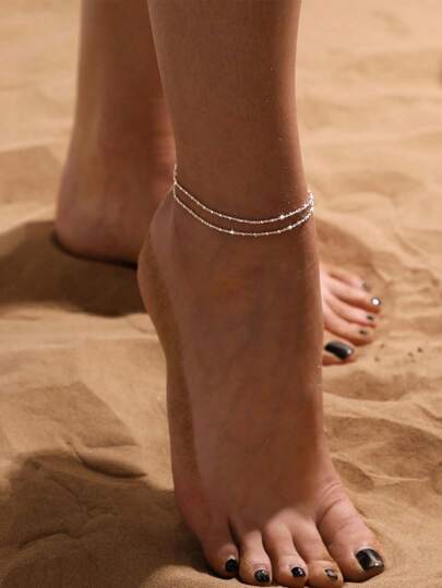 1pc Women Simple Double Layer Beaded Anklet, Versatile Fashionable Sexy Wear For Party, Beach, Holiday, Casual, Suitable As Gift