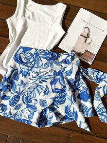 AMYLAN FASHION Women's Set Of Suplex Bodysuit + Skirt With Printed Shorts With Lining - 白色與藍色 - 查看 3