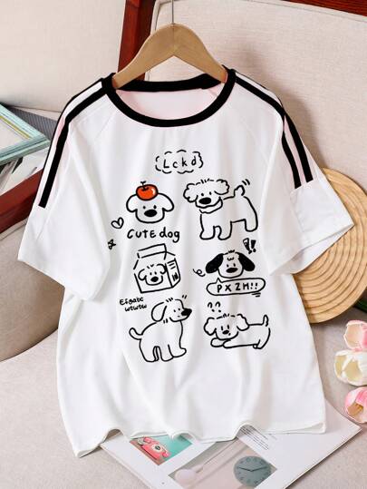T-shirt à manches courtes raglan pour filles pré-adolescentes, imprimé de chien, ample et respirant, à col rond, pour les sorties et les vacances, adapté pour l'été et l'automne