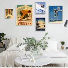 1 pezzo Quadro su tela in stile vintage con sci nelle Alpi svizzere, cartellone con stampa vintage di sci, adesivo da parete rivestito, decorazione per la casa, opzionalmente con cornice - Multicolore - Visualizzare 1