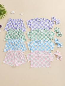 Toddler Girl Clothes 6M 12M 18M 24M 3T 4T Baby Girls Outfits Summer Floral Checkerboard Print Shirt+Shorts+Headband 3pcs Baby Clothing - 粉色 - 查看 1