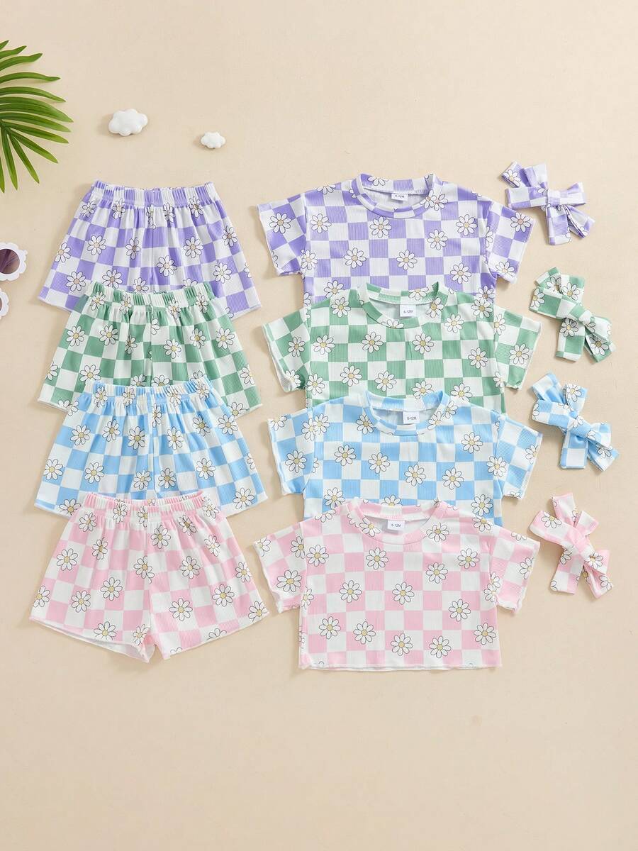 Toddler Girl Clothes 6M 12M 18M 24M 3T 4T Baby Girls Outfits Summer Floral Checkerboard Print Shirt+Shorts+Headband 3pcs Baby Clothing - 粉色 - 查看 1