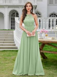 MIUSOL Vestido largo de gala formal con cuello de halter, sin mangas, con volantes, de gasa con lentejuelas y encaje floral