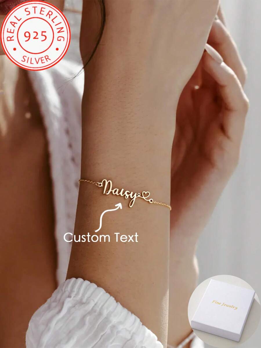A 925 Silver Fashion Simple Personalized Custom English Name Love Bracelet, Extreme Simplicity, Elegant And Romantic, Bohemian Style With Jewelry, Suitable For Valentine's Day, Birthdays, Anniversaries, Graduation Ceremonies, Christmas, As A High-End Gift For Lovers And Mothers