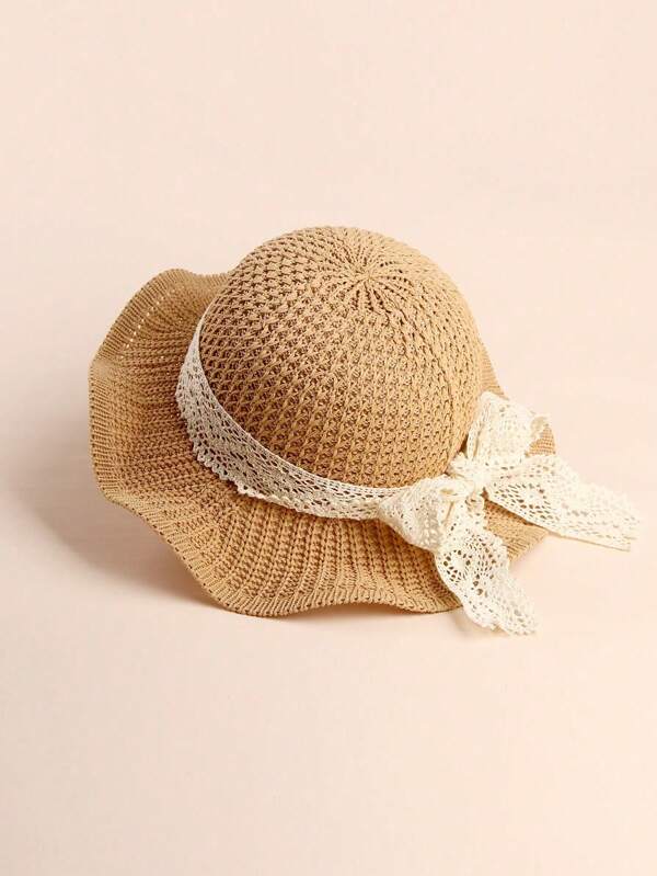 1pc Unisex Baby/Kids Knitted Wide Brim Lace Bow Decor Sun Hat, Breathable UV Protection Daily Summer Hat