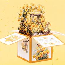 1 felicitare pop-up 3D cu imprimeu floral galben, potrivită pentru Ziua Mamei, ziua de naștere, aniversare (include plic și hârtie goală)