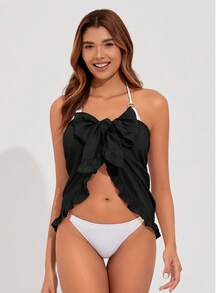 女士沙滩短款罩裙，透明比基尼裹裙，荷叶边下摆，泳装罩衫，连衣裙 - 款式 - 查看 2