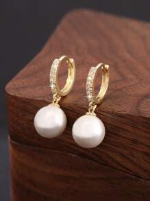 1 Pair Luxury Pearl Inlaid Copper Pendant Earrings, Elegant Vintage Style Gift For Women