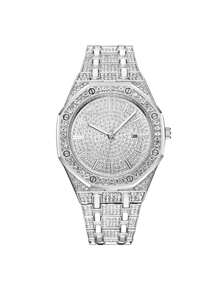 1 Peça Relógio de Quartzo Quadrado Fashionable Masculino com Banda de Aço Inoxidável Decorada com Strass e Calendário