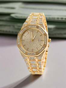 1 Peça Relógio de Quartzo Quadrado Fashionable Masculino com Banda de Aço Inoxidável Decorada com Strass e Calendário