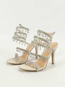 Sandali con tacco a spillo da donna color beige, con cinturini alla moda, decorati con strass e con motivo a serpente attorcigliato, punta tonda minimalista, adatti per estate e autunno