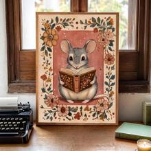 1 pezzo Stampa su tela con cartellone artistico naif di un topolino che legge, senza cornice, per nido d'infanzia, stile cottagecore accogliente, arte da parete minimalista rustica vintage per amanti dei libri, salotto, camera da letto, decorazione moderna per casa, sopra il letto