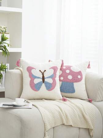 1 pièce/2 pièces Housse de coussin décoratif avec motif papillon rose et champignon, broderie sur canevas avec glands aux quatre coins, style nordique pour la maison, le salon, le canapé, la chambre, la voiture, le jardin. S'adapte à un coussin de 45 x 45 cm