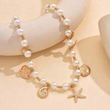 Collar dorado con colgantes de estrella de mar, concha y caracol, joyería de estilo vacacional de playa de moda, collar colgante de vida marina para fiesta - L1575 - Ver 7