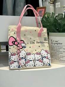 Sanrio 1 Stück Hello Kitty Kosmetiktasche Damen Große Kapazität Einkaufstasche, Reise-Schultertasche, Große Kapazität wiederverwendbare Einkaufstasche faltbar, Damen Segeltuch Tragetasche mit Uhrenarmband - Reißverschluss, Polyester Futter