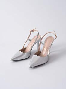Women's Pointed Toe High Heels, New Spring/Summer Fashion Open Heel Pumps, Suitable For Dates, Casual Outings, Commute, Banquets And Parties Winter Gifts - Silver - View 5