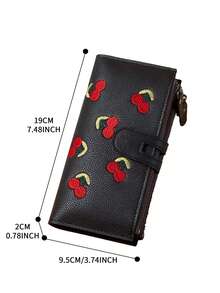 Women's Vertical Snap Cherry Embroidered Compact Minimalist Small Wallet, PU Water-Resistant Lightweight Cash Holder, Suitable As Gift For Girlfriend - Black - View 5
