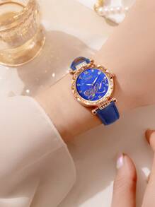 5Pcs/Set Ladies Watch Women Full-Rhinestone Eiffel Tower Dial Quartz Watch And Blue Gemstone Jewelry Gift Set Watch For Women Suitable For Daily Wear, Back-To-School Season, Graduation Season, Thanksgiving, Couples, The Best Gifts Watch Box Not Included