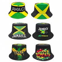 Fashionable Jamaica Flag Print Bucket Hat, Unisex Outdoor Vacation Sun-Shading Reversible Bucket Hat - A - View 1