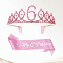 2pcs/Set 4th 5th 6th 7th 8th 9th 10th 12th 13t 16th Birthday Gift Party Favor Rhinestone Crown Jewelry Peony Ribbon Number Etiquette Rose Flower Shoulder Strap Onion Powder Cloth Belt Holiday Dress Up Set Fashion Number Delicate Crown Tiara Hair Accessories It's My Birthday For Pink