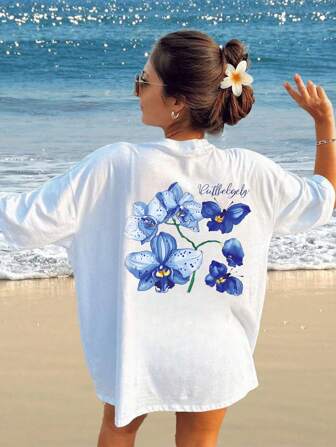 INAWLY Women's Casual Round Neck Short Sleeve T-Shirt Withflower Harmony And Love Print Graphic Tees Women Tops