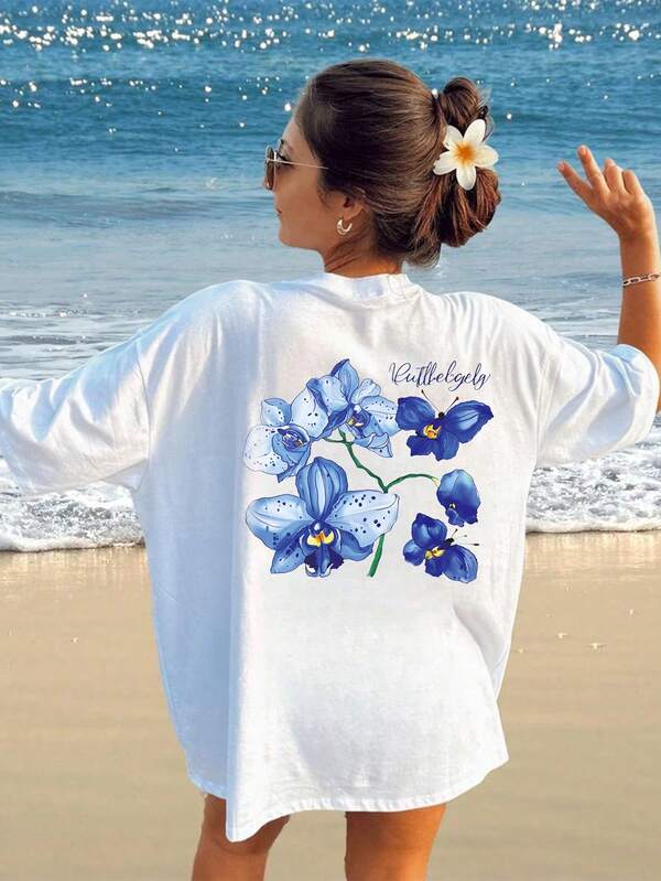 Camiseta casual de mujer INAWLY de cuello redondo y manga corta con estampado gráfico de armonía y amor floral