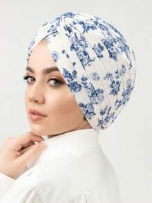 1pc Muslim Printed Headscarf Cap, European & American Style Floral Fabric Turban Hat, Pleated Design For Women For Dress - A - View 6