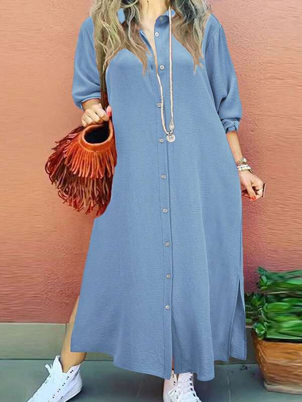 Plus Size Women Solid Color Long Sleeve Single-Breasted Casual Elegant Shirt Dress