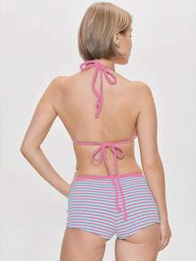 新款女士黑白条纹印花挂脖系带比基尼套装，搭配紧身低腰泳裤