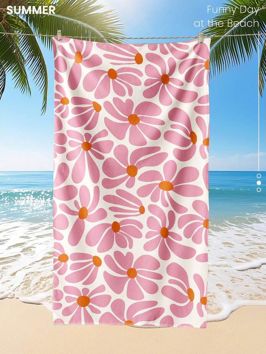 1pc Printed Beach Towel, Floral Pattern Swimwear Towel, Soft And Absorbent Fiber Towel, Suitable For Bathroom, Swimming, Fitness, Yoga, Lightweight And Portable, Wind And Sun Protection, Ideal For Summer Travel And Vacation, Bathroom Decor. Recommend Regular Size Or Larger Size (Small Towel Size 35*75cm, Suggest 150cm Or Above) - Pink - View 1