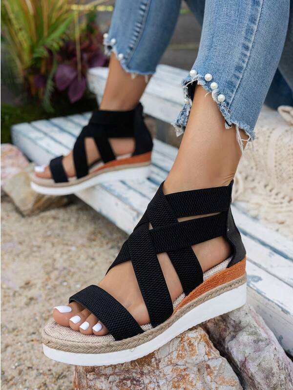 New Solid Color Vacation Beach Crisscross Elastic Strap Wedge Black Sandals, Summer Straw Braided Open Toe Backzip Beach Sandals