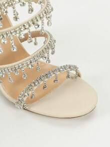 Sandali con tacco a spillo da donna color beige, con cinturini alla moda, decorati con strass e con motivo a serpente attorcigliato, punta tonda minimalista, adatti per estate e autunno